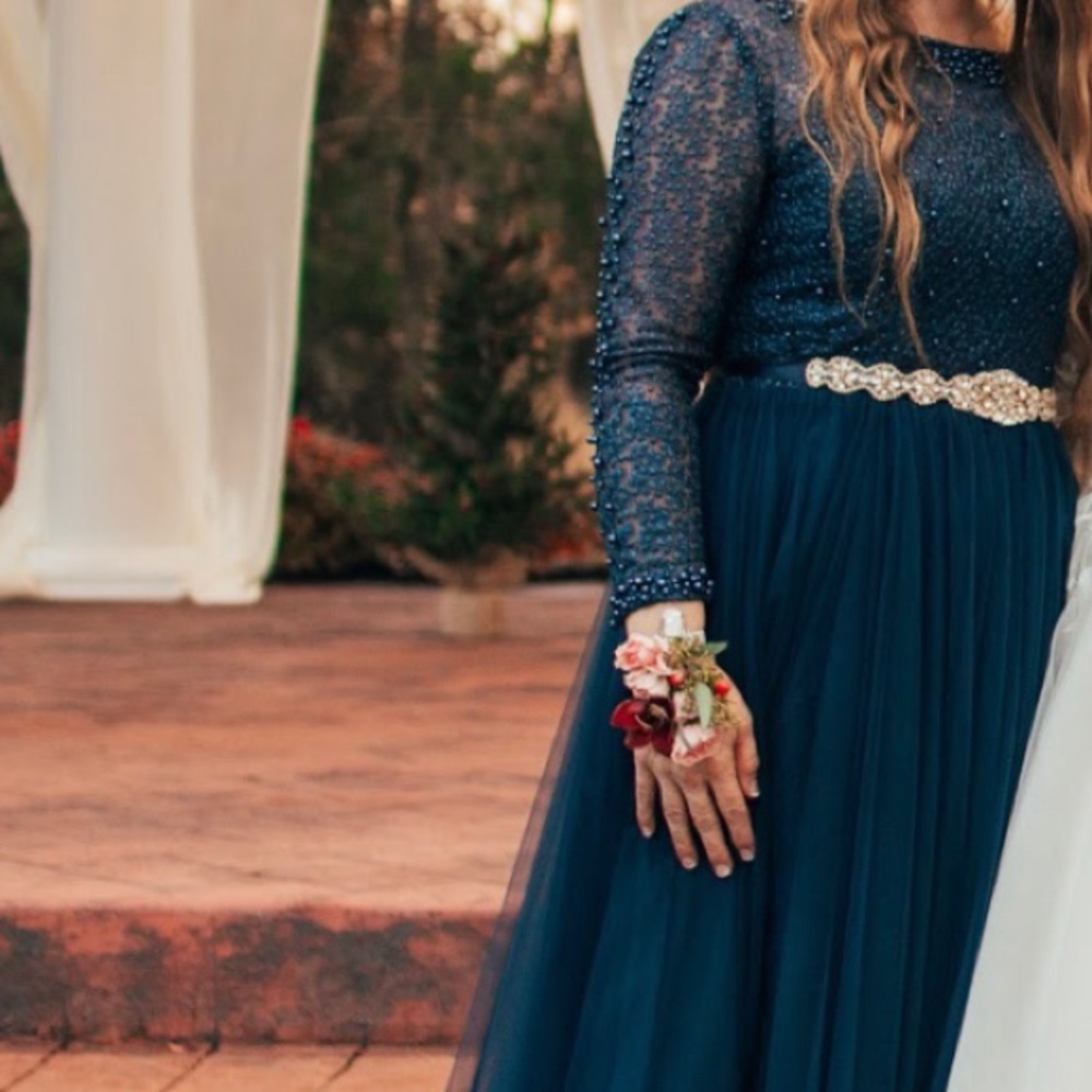 MOB navy dress beaded with train. Elizabeth Lee Bridal OOAK